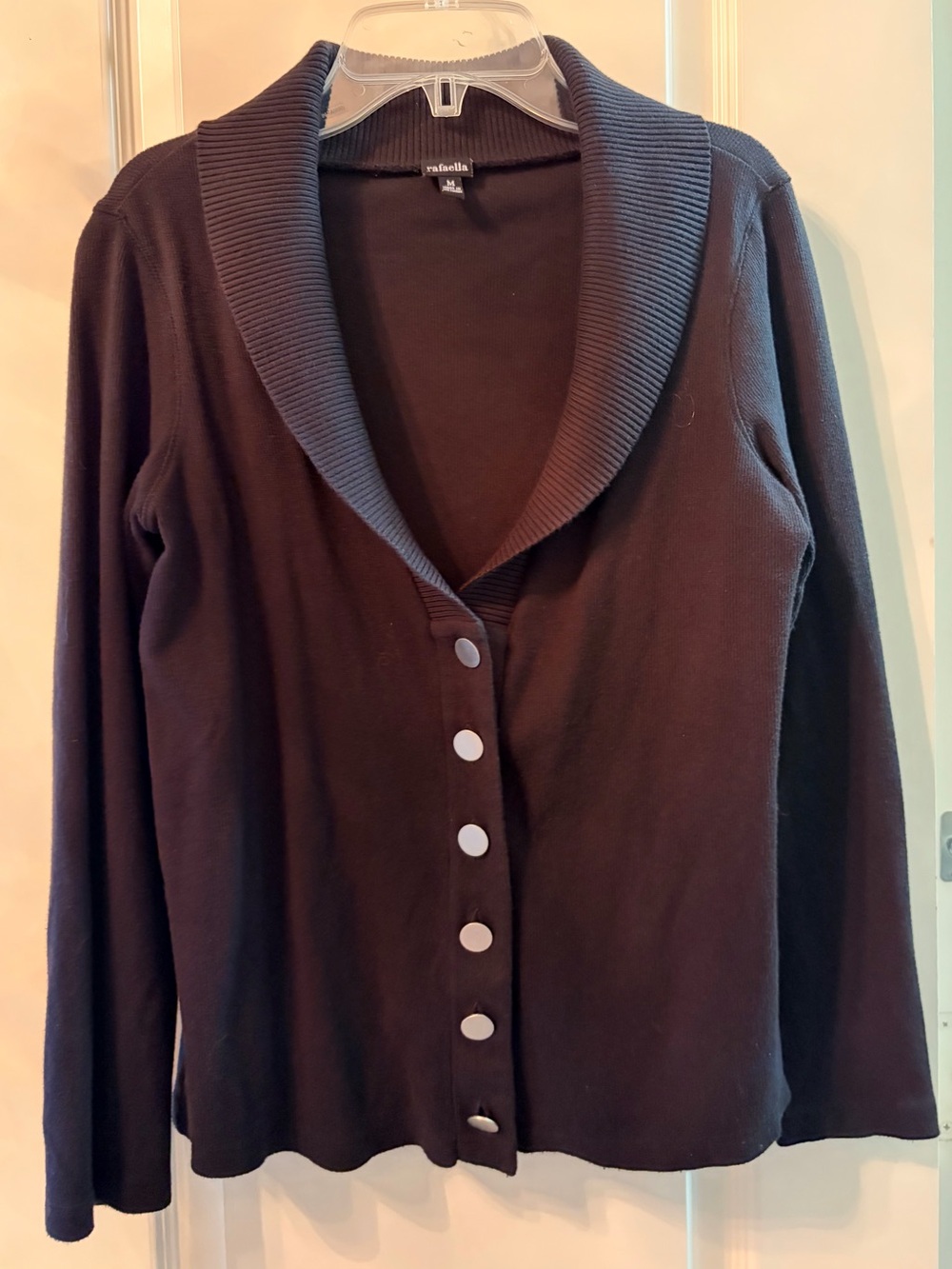 Rafaella Black Shawl-Collar with Silver Button Front Cardigan, M